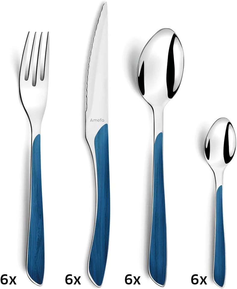 Amefa ECLAT Besteck Set | NATURE Blau Holz | Essbesteck 24-teilig für 6 Personen | Edelstahl rostfre