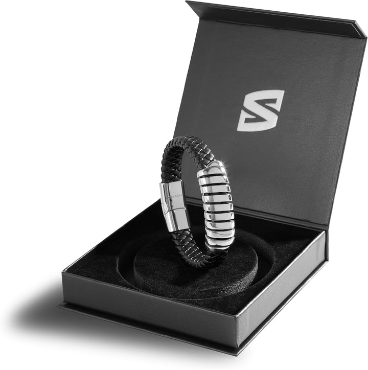 SERASAR Premium Lederarmband für Männer in Schwarz | Magnetverschluss aus Edelstahl in Schwarz, Silb