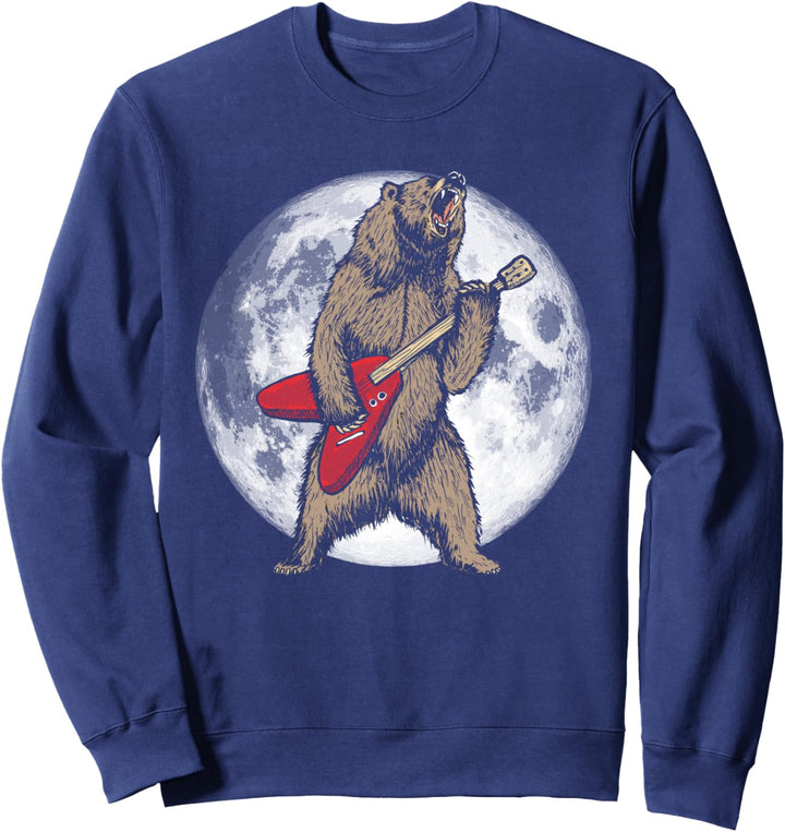 Roaring Grizzly Bear & Moon Sweet 80s Electric Guitar Sweatshirt