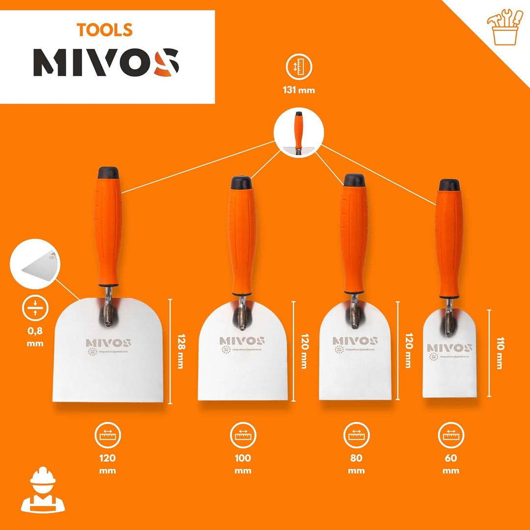Mivos Stukateurkellen-Set 4-teilig - 60 mm 80 mm 100 mm 120 mm - Edelstahl Meurerkellen - Rostfreie