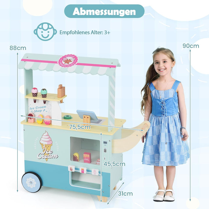 DREAMADE Kinder Eiswagen mit 15 Zubehör, Kaufladen aus Holz mit 2 Rädern &amp; Markise, Eisstand Einkauf