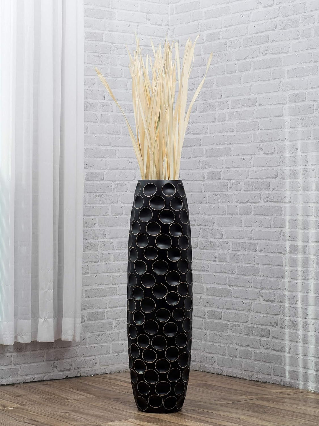 Leewadee Grosse Bodenvase für Dekozweige hohe Standvase Design Holzvase, Holz, 90 cm, Schwarz 90 cm