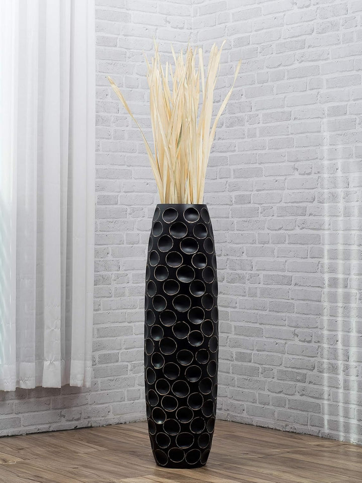 Leewadee Grosse Bodenvase für Dekozweige hohe Standvase Design Holzvase, Holz, 90 cm, Schwarz 90 cm