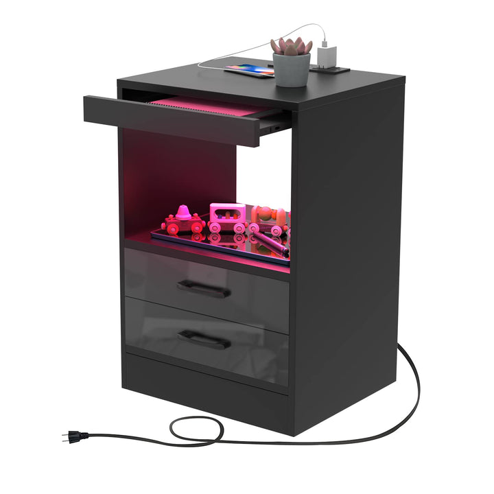 Lvhecforhm Nachttisch Schwarz mit LED-Beleuchtung, Nachttisch mit 2 AC-Steckdosen, 2 USB-Anschlüsse,