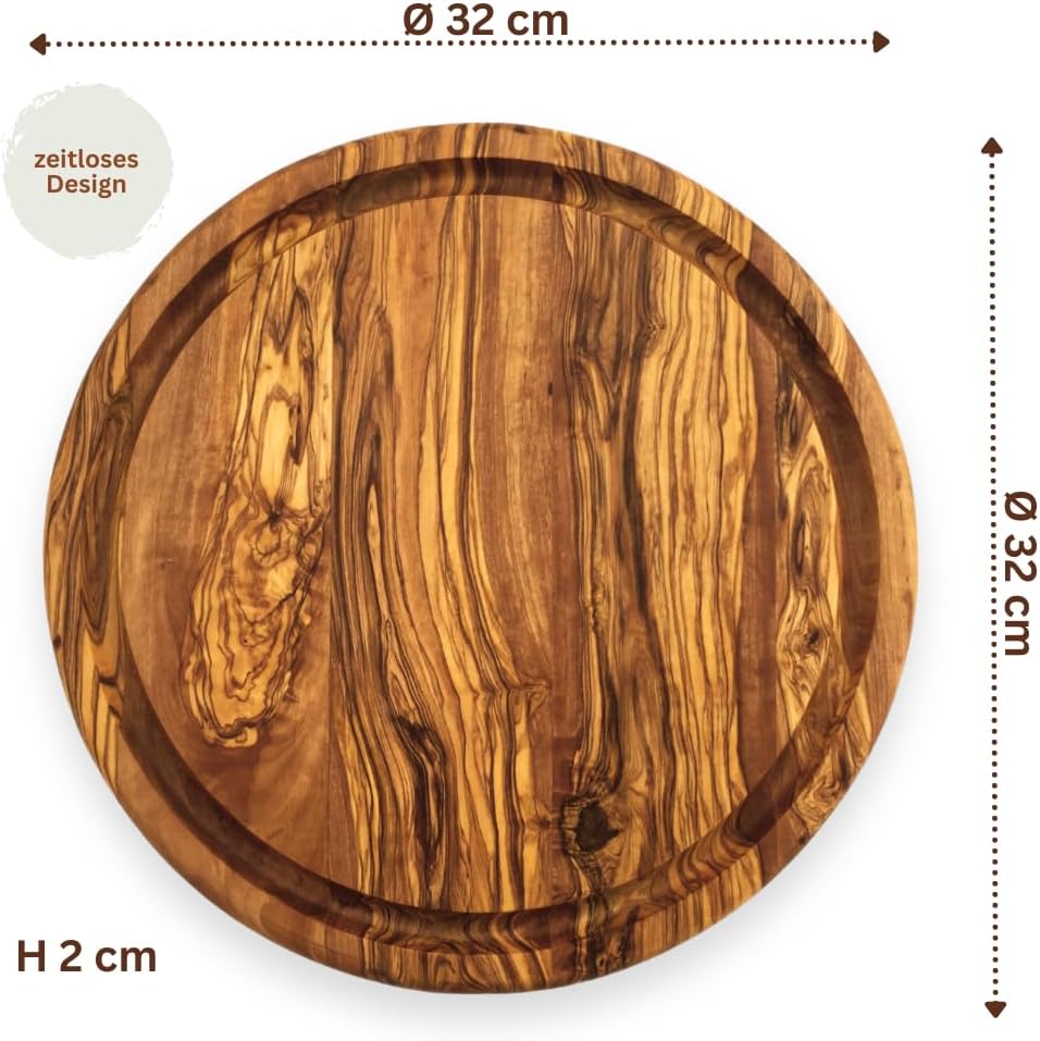 Schneidebrett The Goldcoin rund mit Saftrille Ø32 cm Servierplatte handgemacht aus Olivenholz Ø 32 c