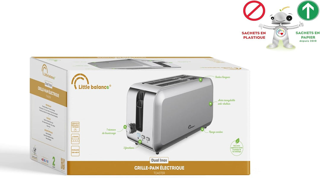 LITTLE BALANCE 8697 Dual Edelstahl, Toaster, 2 lange Schlitze für 4 Brotscheiben, Krümelschublade, 1