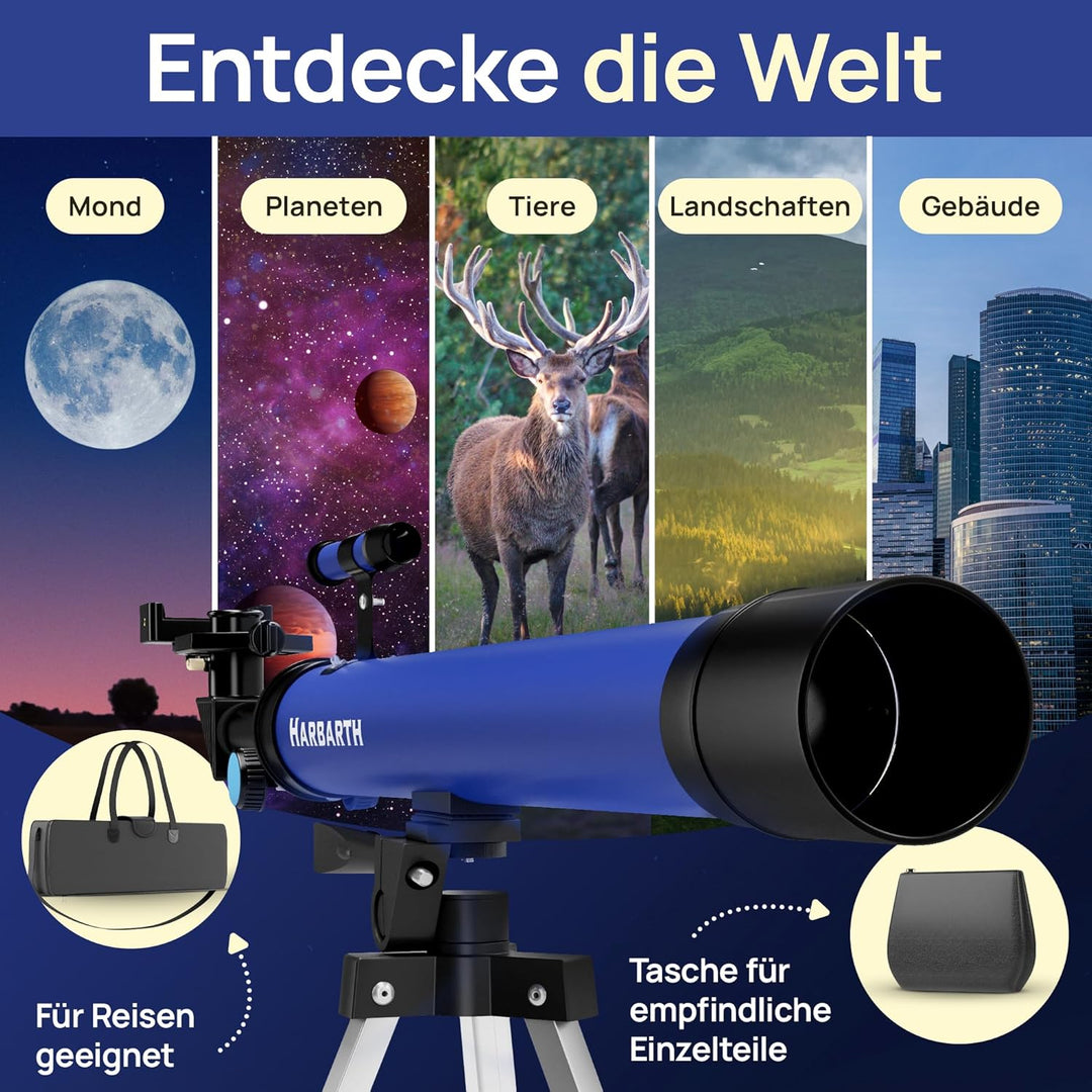 HARBARTH Teleskop Linsenteleskop + Okulare - Ideal für Erwachsene & Junge Astronomen - Fernrohr, Tel