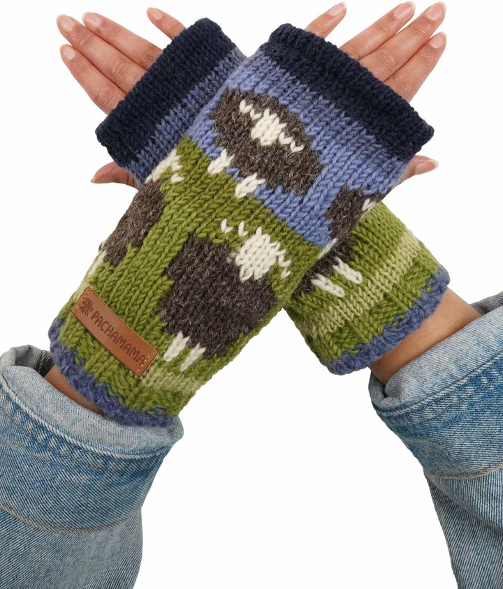 Pachamama Damen-Handwärmer aus Wolle, mit Fleece gefüttert, handgestrickt, Herdwick-Schaf, mehrfarbi