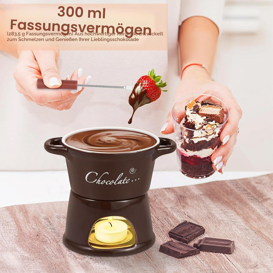 Goshoppers 2 Stück Mini Schokofondue Tasse Käsefondue Set Keramik Schokobecher mit Gabeln Schokolade