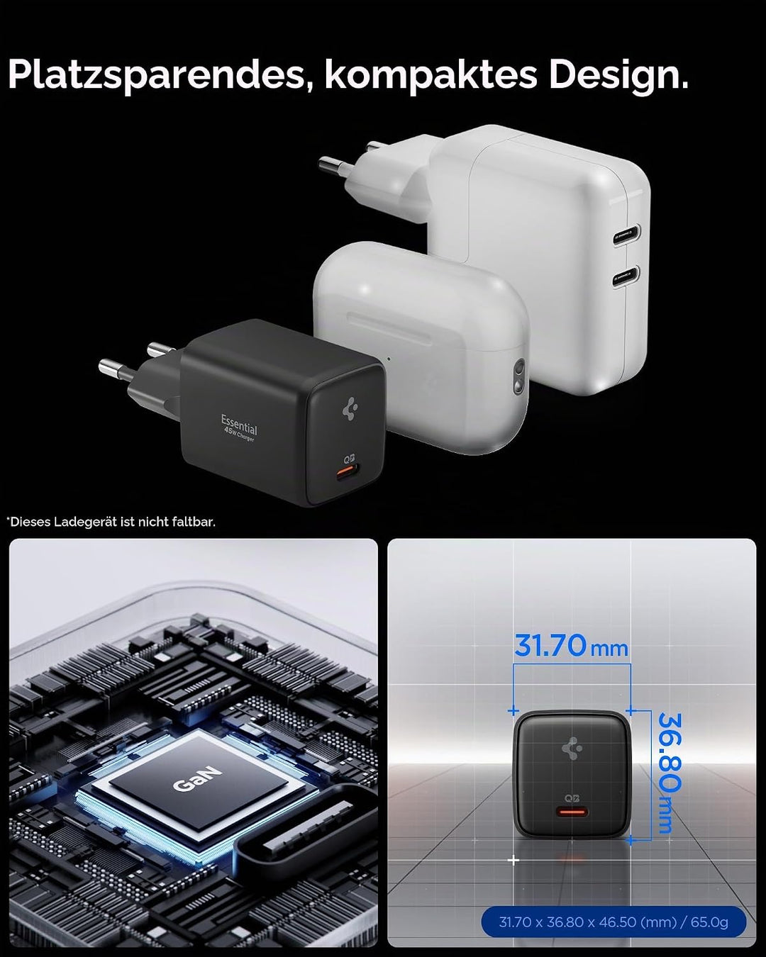 Spigen ArcStation Essential GaN 45W USB-C Ladegerät, Fast Charger, Schwarz Schwarz 45W 1-Port, Schwa