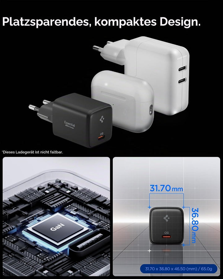Spigen ArcStation Essential GaN 45W USB-C Ladegerät, Fast Charger, Schwarz Schwarz 45W 1-Port, Schwa
