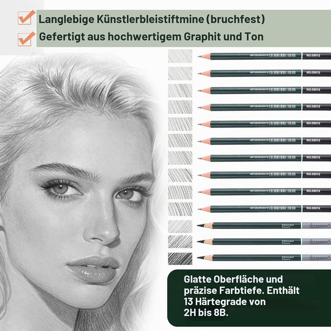 Professionelles Skizzen-Zeichenset 27 Stück, Inkl. Bleistifte 2H-8B, Kohle, Zeichenkohle & Zubehör f