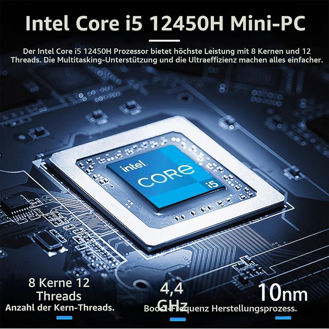 Mini-PC i5 12450H 4,40 GHz 8C/12T, Doppelkanal 16 GB RAM 256 GB SSD, Windows 11 Pro, WiFi, BT5.2, 3