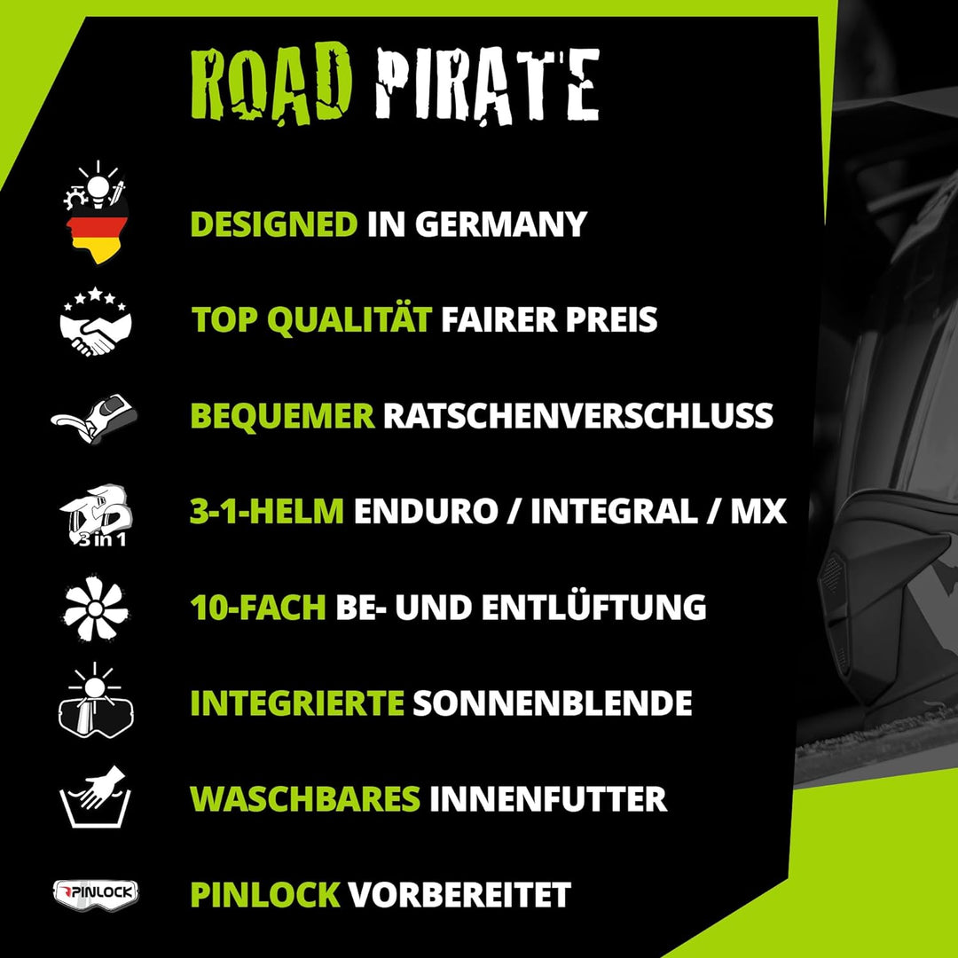 Broken Head Road Pirate VX2 Motorradhelm - Enduro Motocross-Helm - Cross-Helm mit Visier und Sonnenb