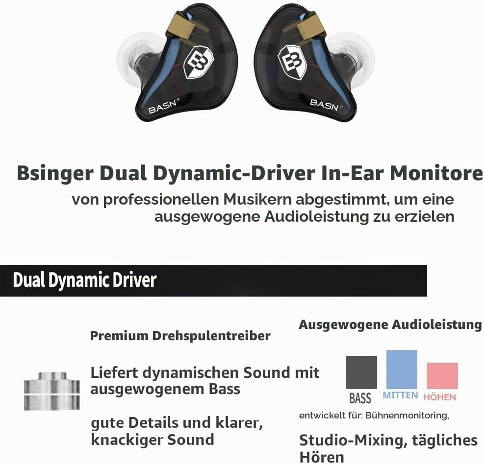 BASN Bsinger In-Ear-Monitore Geräuschisolierende Kopfhörer, Dual-dynamische Treiber High Definition