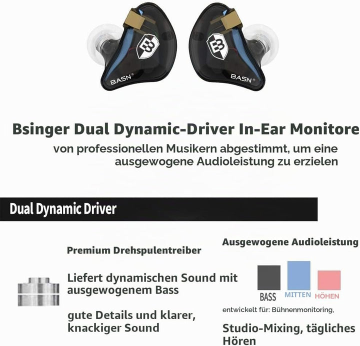 BASN Bsinger In-Ear-Monitore Geräuschisolierende Kopfhörer, Dual-dynamische Treiber High Definition