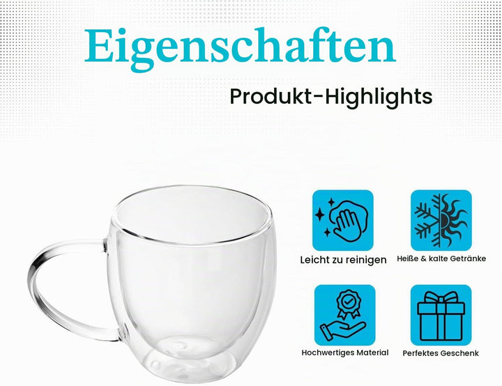INTIRILIFE 4X Doppelwandige Thermo Gläser Set -200-250ml- Mundgeblasen isoliert für Espresso Cappucc