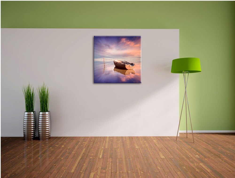 Einsames Boot auf See, Format: 70x70 auf Leinwand, XXL riesige Bilder fertig gerahmt mit Keilrahmen,