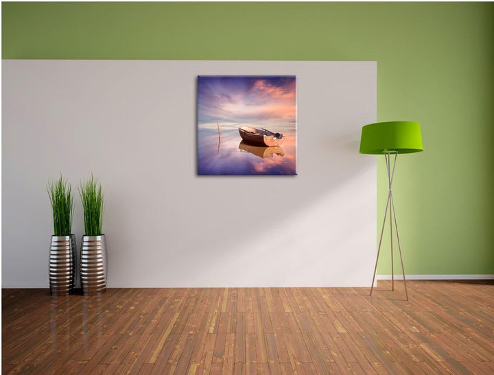 Einsames Boot auf See, Format: 70x70 auf Leinwand, XXL riesige Bilder fertig gerahmt mit Keilrahmen,