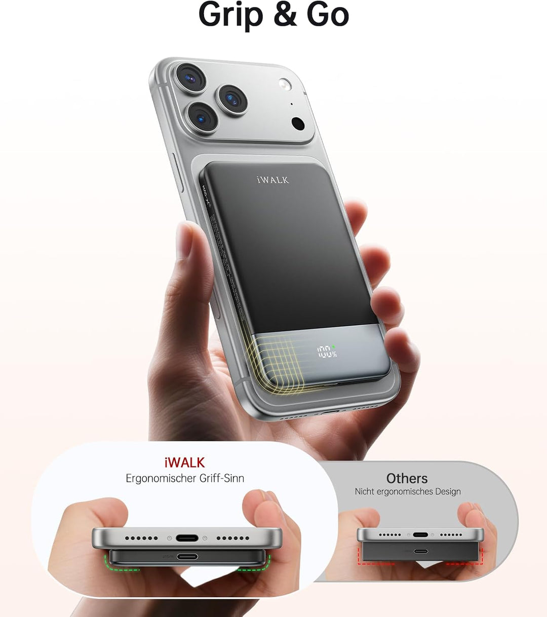 iWALK Powerbank für Magsafe 5000mAh, Slim Magnetische Power Bank, Kabelloses Tragbares Ladegerät mit