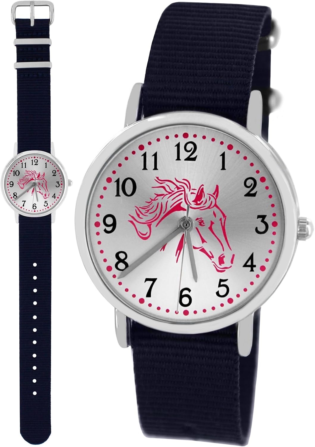 Pacific Time Mädchen Armbanduhr Uhr Pferd Pferdemotiv analog Quarz 2 Textilarmband Blau Grau 10021