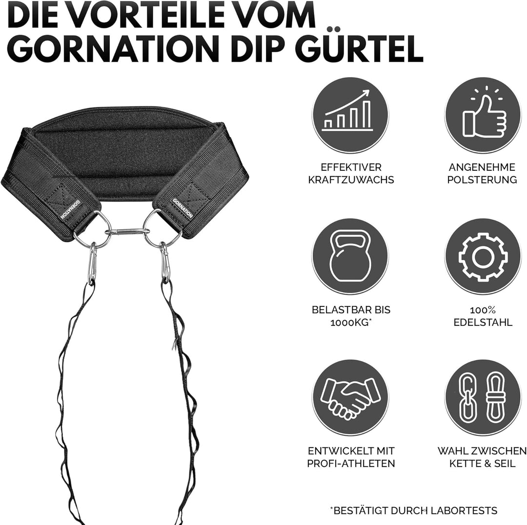 GORNATION Dip Gürtel, Dip Belt mit Kette oder Seil, für Dips & Krafttraining, Trainingsgürtel mit Ch