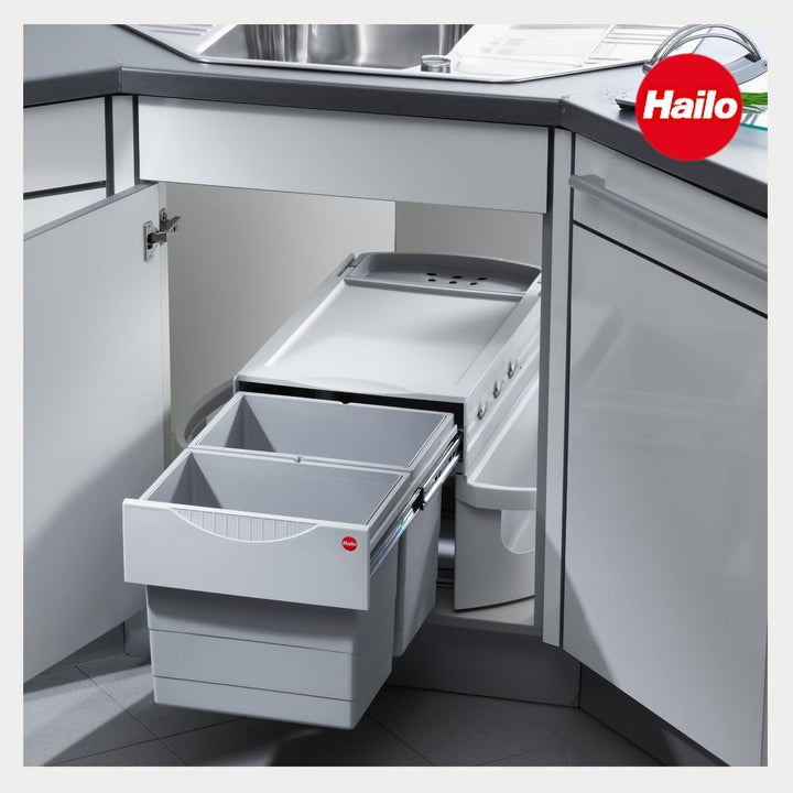 Hailo Abfallsammler Rondo 3645121 | Eckabfallsammler 2fach für 90x90 Eckunterschrank | 2x 18 Liter I