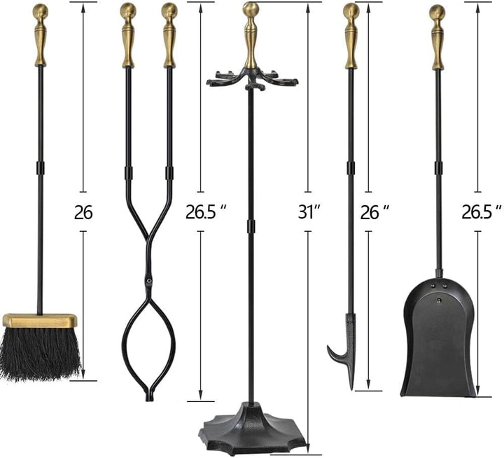 Amagabeli 5 Stück Kaminwerkzeuge Sets Messinggriffe Schmiedeeisen Set und Halter Indoor Outdoor Feue