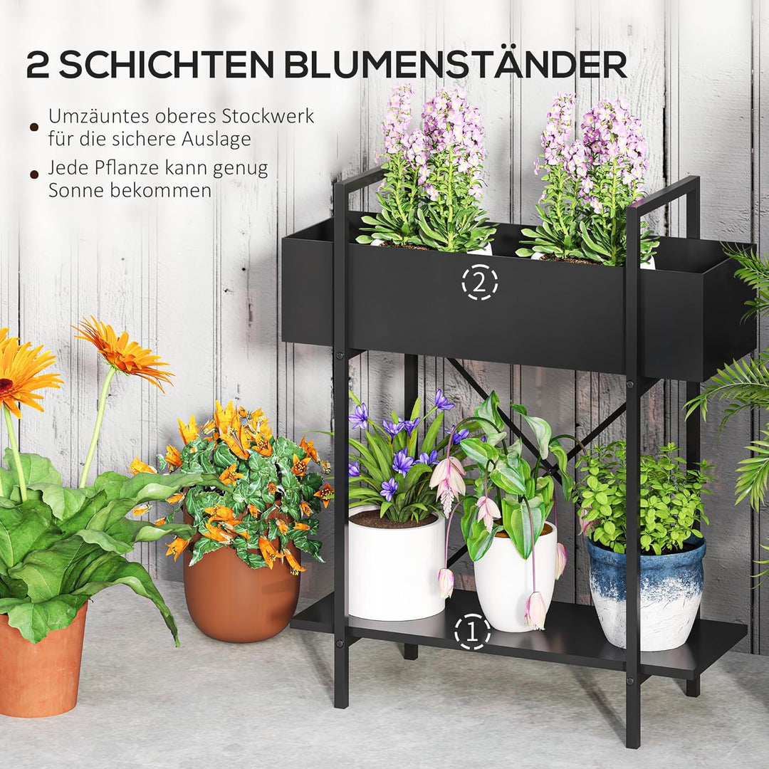 Outsunny 2-Etagen Pflanzenständer, Blumenständer für Innen Aussen, Pflanzenregal aus Metall, mehrstö