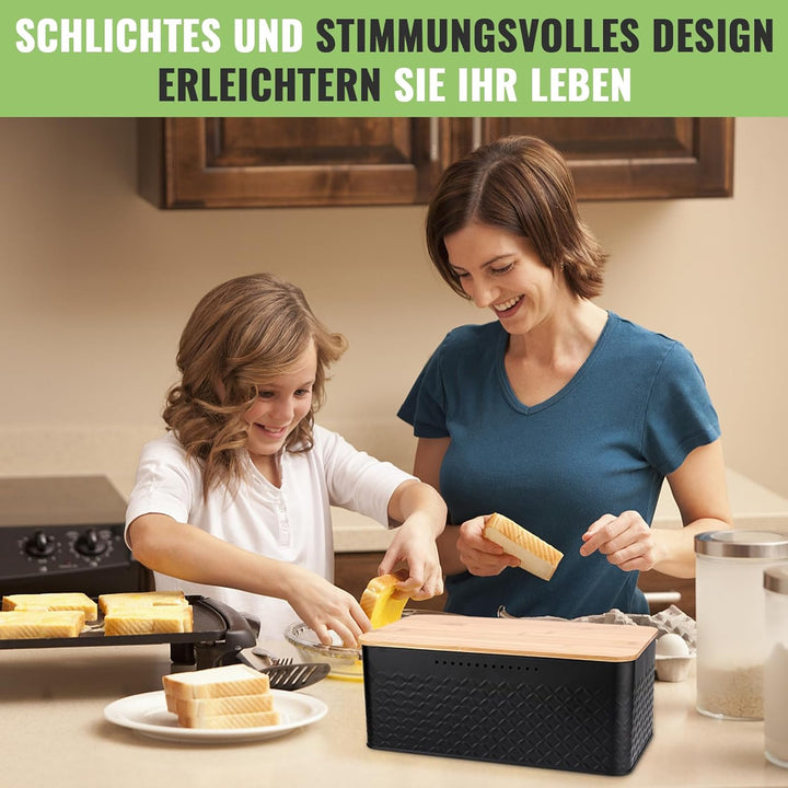 Royouzi Brotkasten mit Schneidebrett, 33x21x15cm, Dank Carbonbeschichtung Matte Brotbox mit Holzdeck