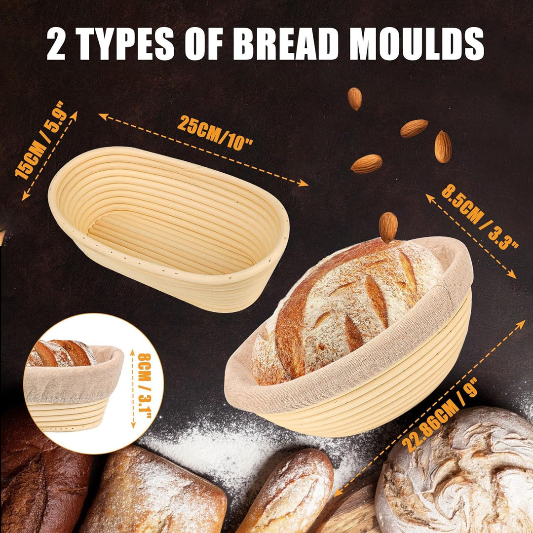 Gärkorb Set, Brot Gärkörbchen aus Peddigrohr zum Brot backen, Gärkörbchen Rund & Oval 2er Set, Gärko
