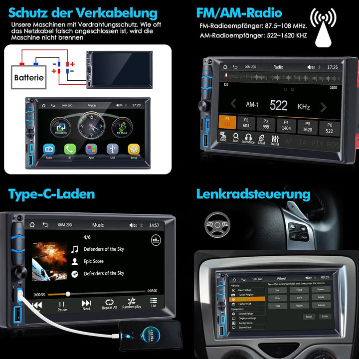 2 Din Radio mit Wireless Carplay und Android Auto Autoradio mit Bildschirm Touchscreen, Bluetooth, A