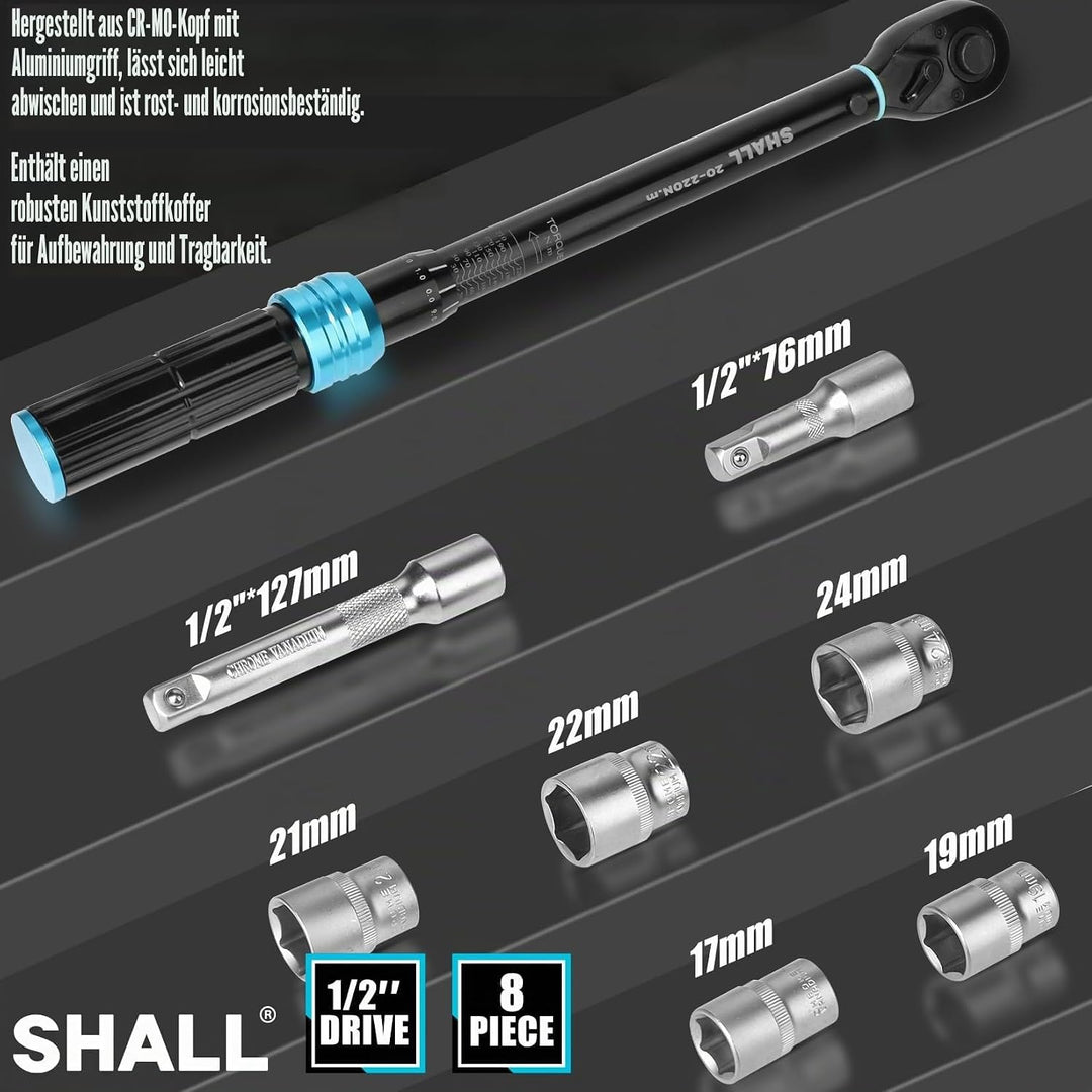 Shall 7-Piece 1/2" Torque Wrench Set, (20-220Nm), Suitable for car and motorcycle maintenance,With e