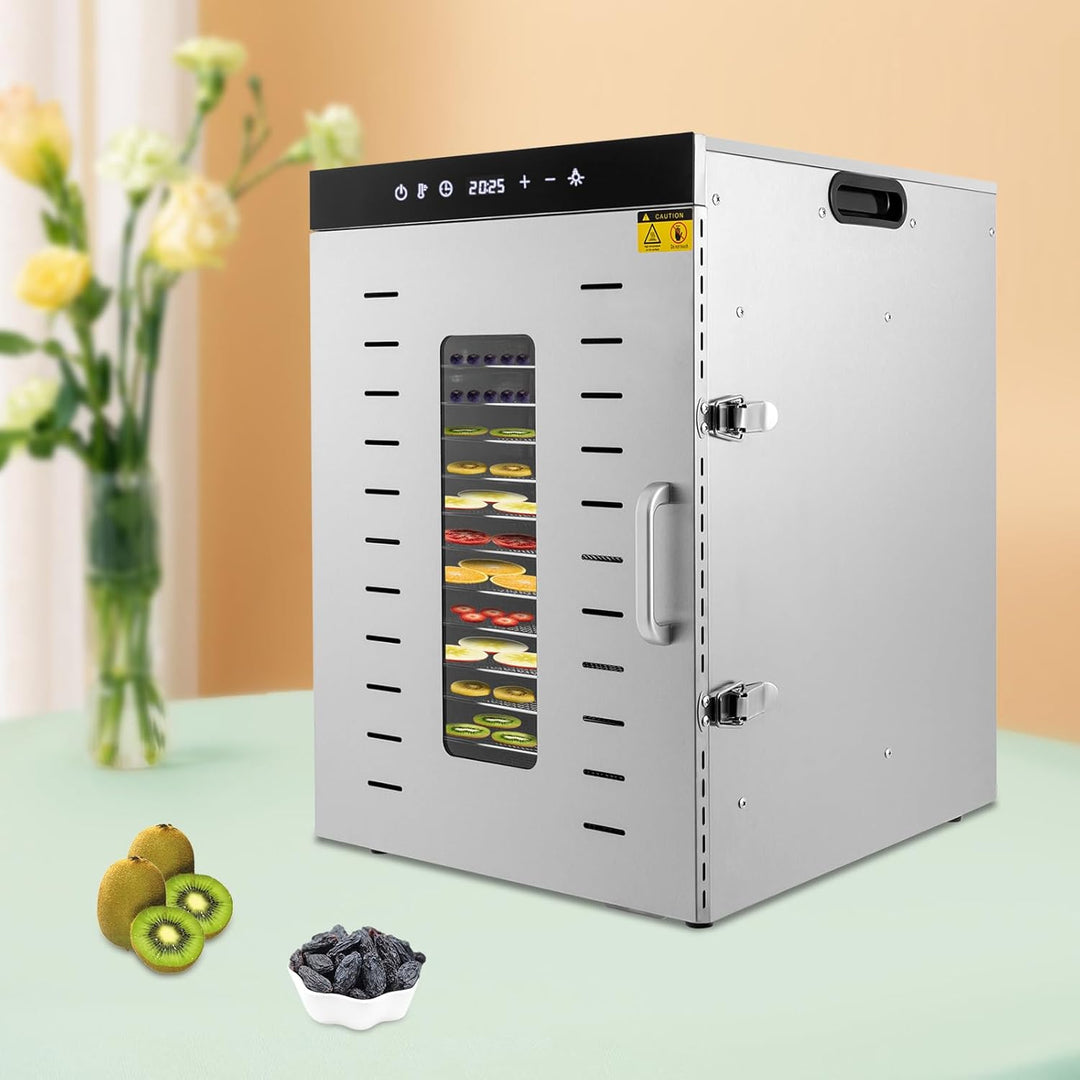 Dörrautomat Edelstahl 1500W, 16 Etagen Dörrgerät 30-90℃ mit 24h Timer und Touch Screen, Trockner für