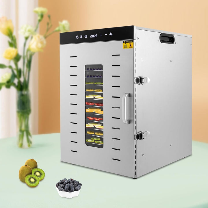 Dörrautomat Edelstahl 1500W, 16 Etagen Dörrgerät 30-90℃ mit 24h Timer und Touch Screen, Trockner für