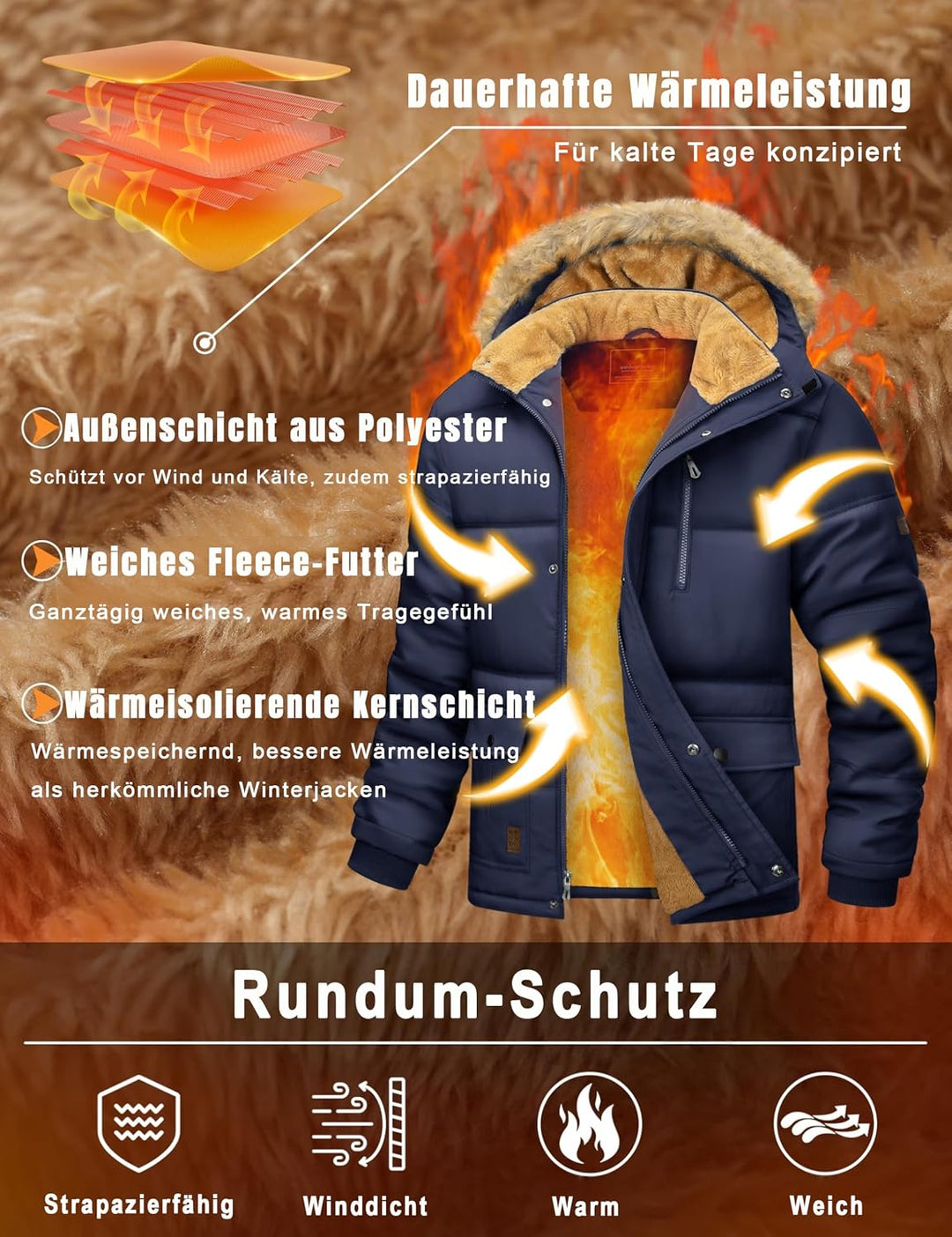 MAGCOMSEN Herren Winter Parka Jacke Winddicht Outdoor Warme Fleecejacke Freizeit Übergangsjacke Wass