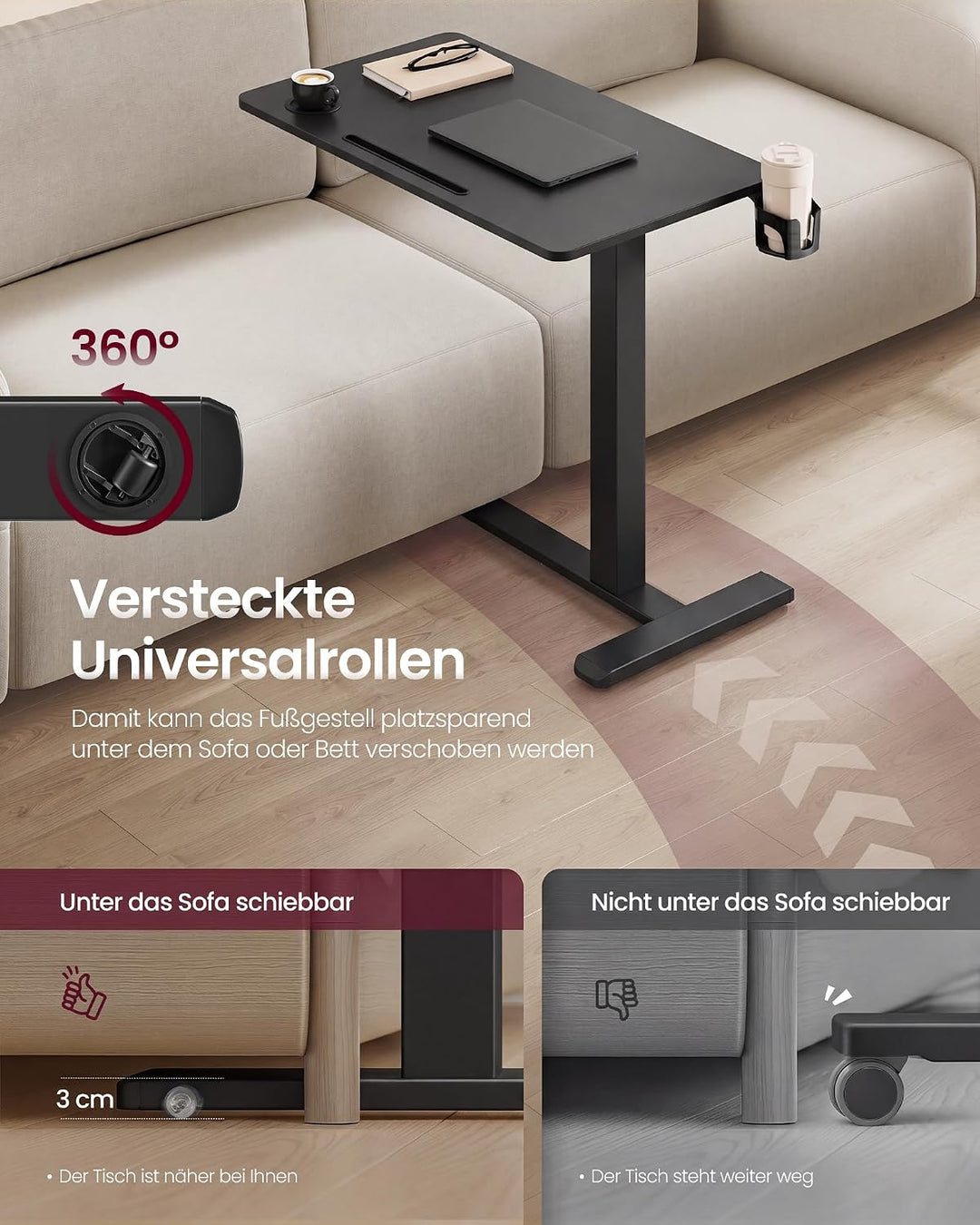VASAGLE Beistelltisch mit Rollen, mobiler Stehtisch, 80 x 45 cm grosse Tischplatte, verstellbare Höh