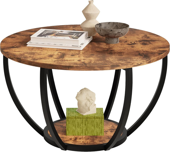 HOMERECOMMEND Round Coffee Table,Couchtisch Rund,2 stufiger Couchtisch mit Lagerung Regale,Wohnzimme