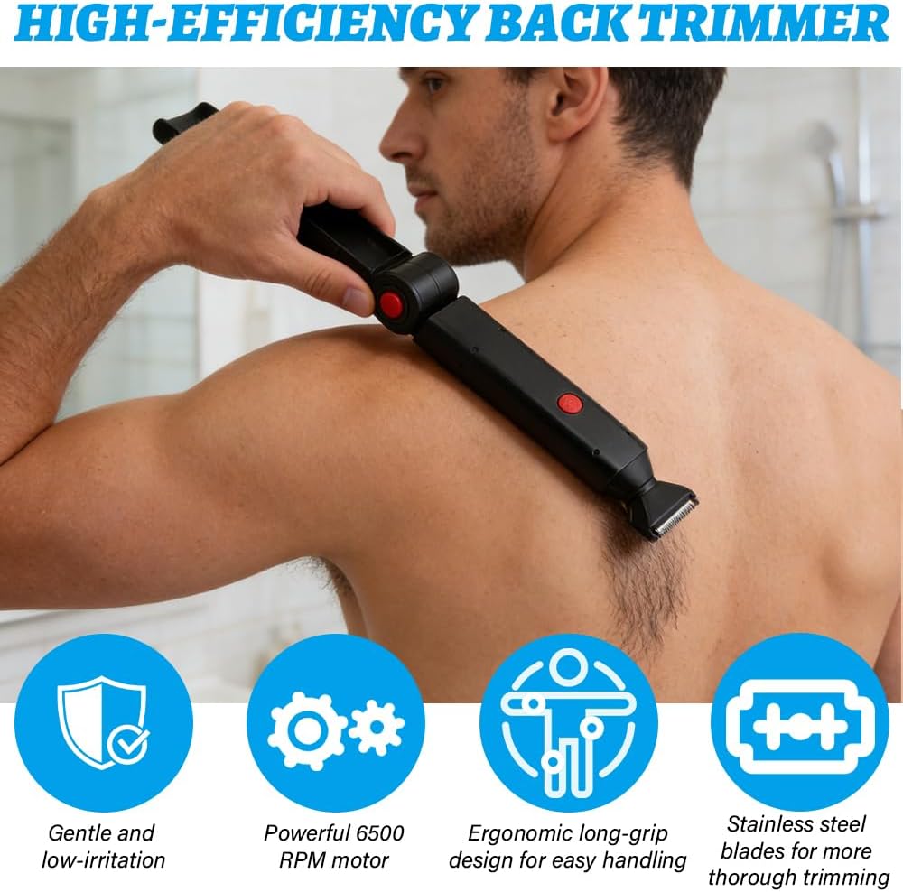 Rückenrasierer Herren, Verstellbare Körperrasierer Herren mit Doppelmesserkopf und Ergonomischer Arm