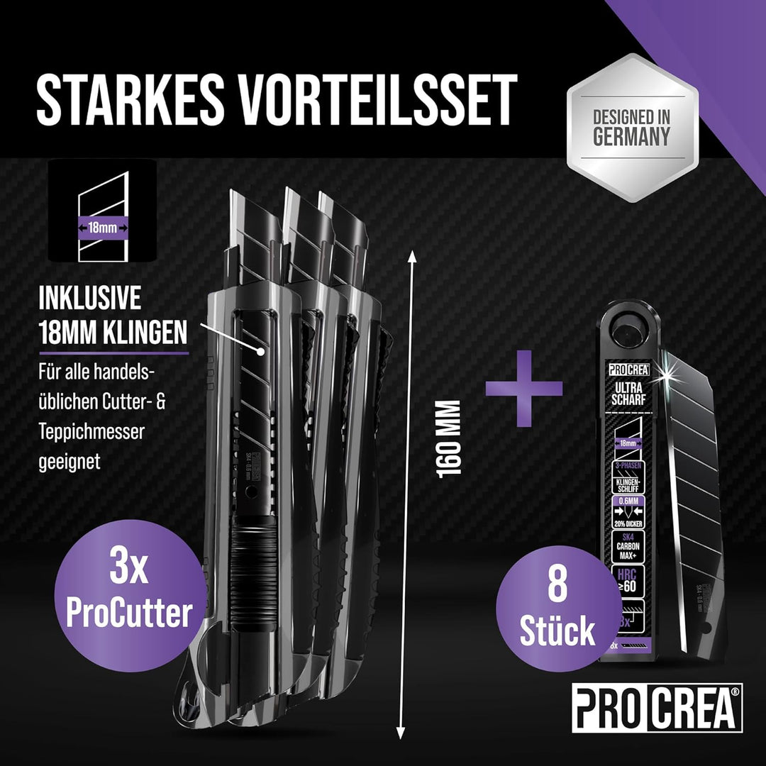 PROCREA® Premium 3er Cuttermesser & Klingen Set "Black Edition" [Extrem Robust & Ultrascharf] Das 18