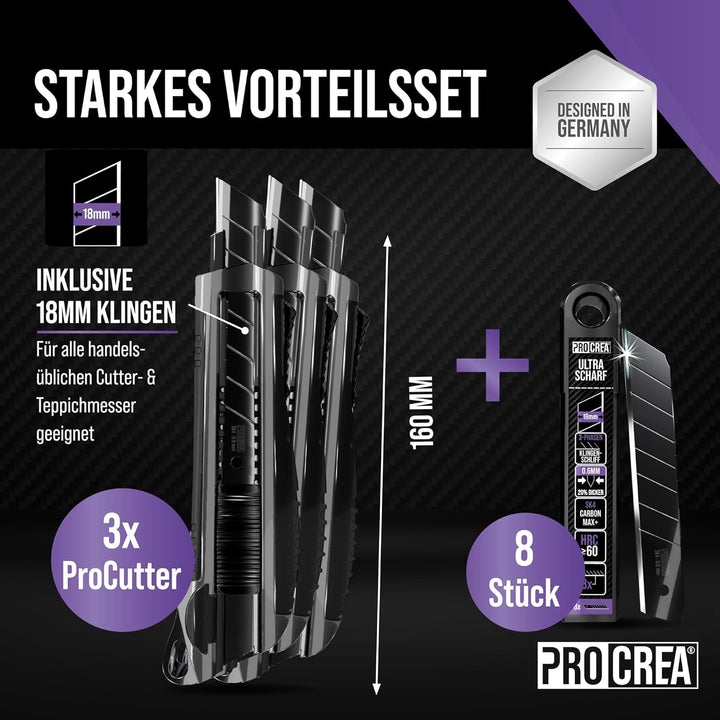 PROCREA® Premium 3er Cuttermesser & Klingen Set "Black Edition" [Extrem Robust & Ultrascharf] Das 18