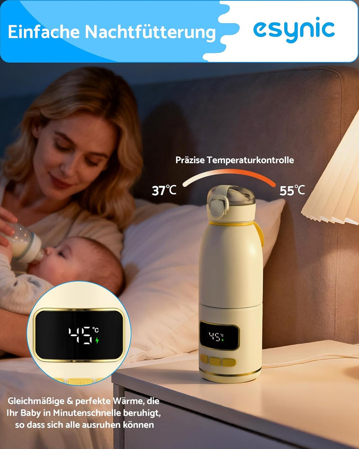 eSynic Babyflaschenwärmer 450ml Kapazität 15000mAh Akku Tragbarer Flaschenwärmer Edelstahl 316 Schne