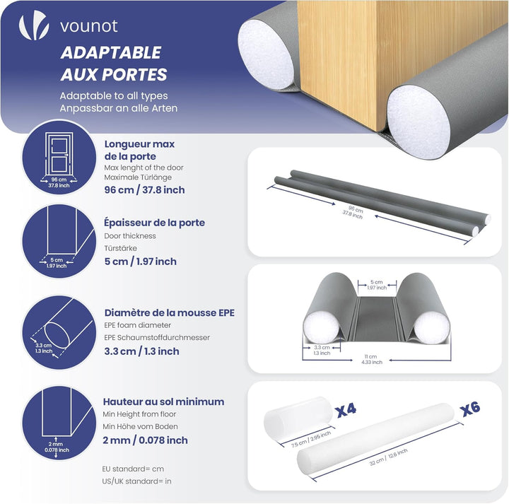 VOUNOT® 2er Set Zugluftstopper für Türen, Türdichtung unten mit Doppeldichtung, zuschneidbare Türbod
