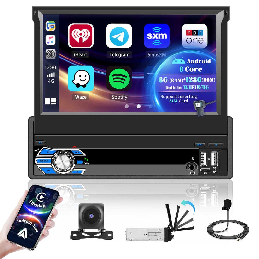 Hikity Android15 8 Core/6+128G/DSP Autoradio 1 DIN mit Wireless CarPlay Android Auto, 7 Zoll Einzieh