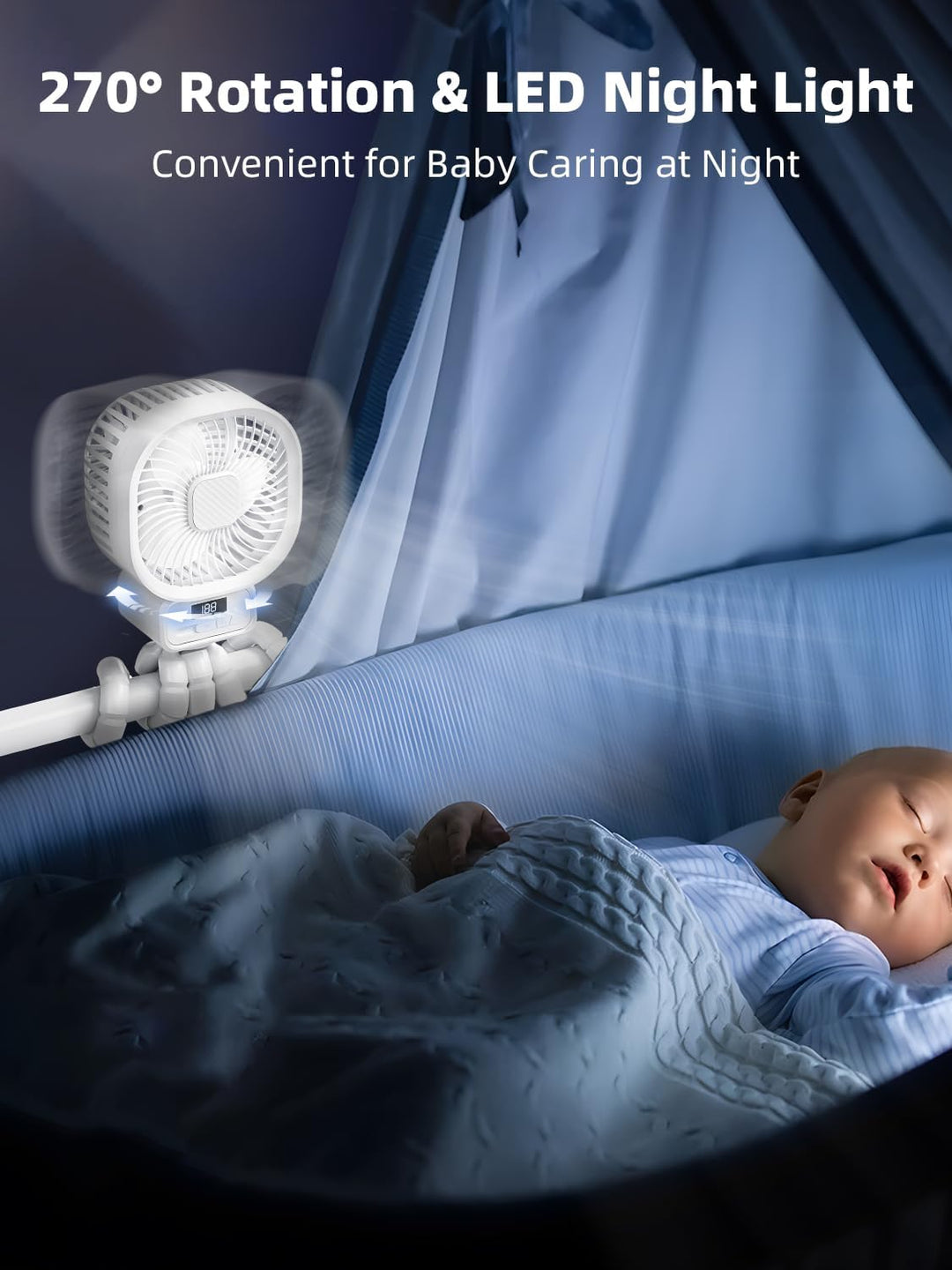 Tragbarer Ventilator Kinderwagen mit 10000mAh, 270° Drehung Ventilator Klein mit 3 Geschwindigkeiten