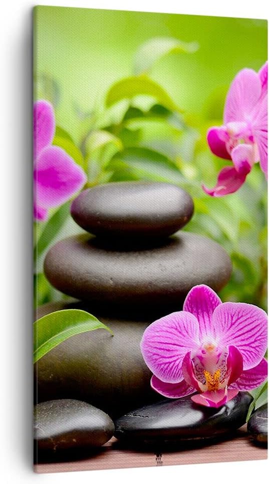 Bilder auf Leinwand Blumen Steine Bambus Dekoration Leinwandbild mit Rahmen 45x80cm Wandbilder Dekor