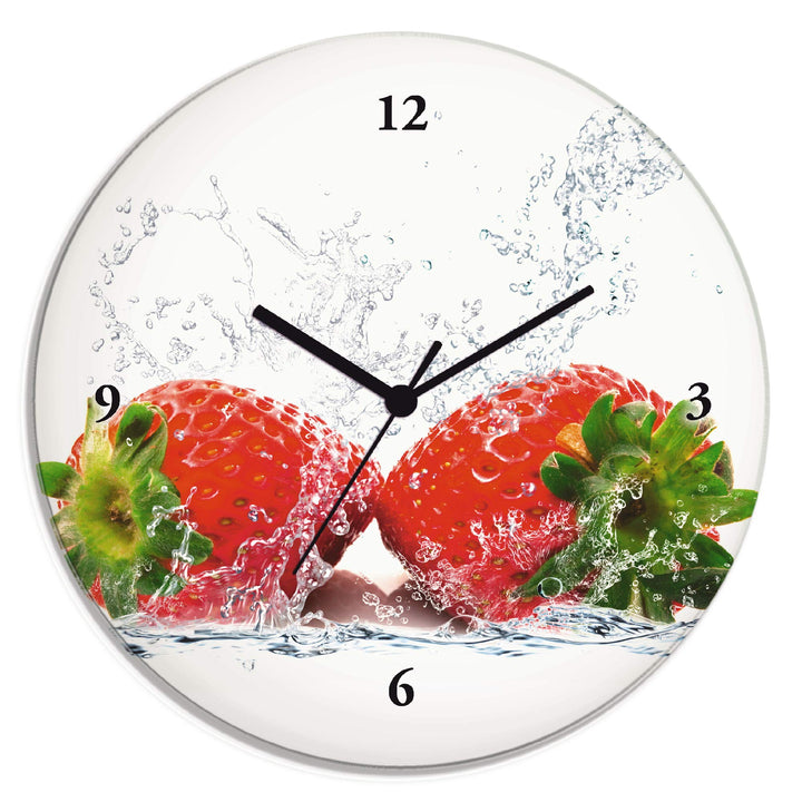 ARTLAND Wanduhr ohne Tickgeräusche Glas Funkuhr Ø 30 cm Rund Lautlos Obst Früchte Erdbeere im Wasser