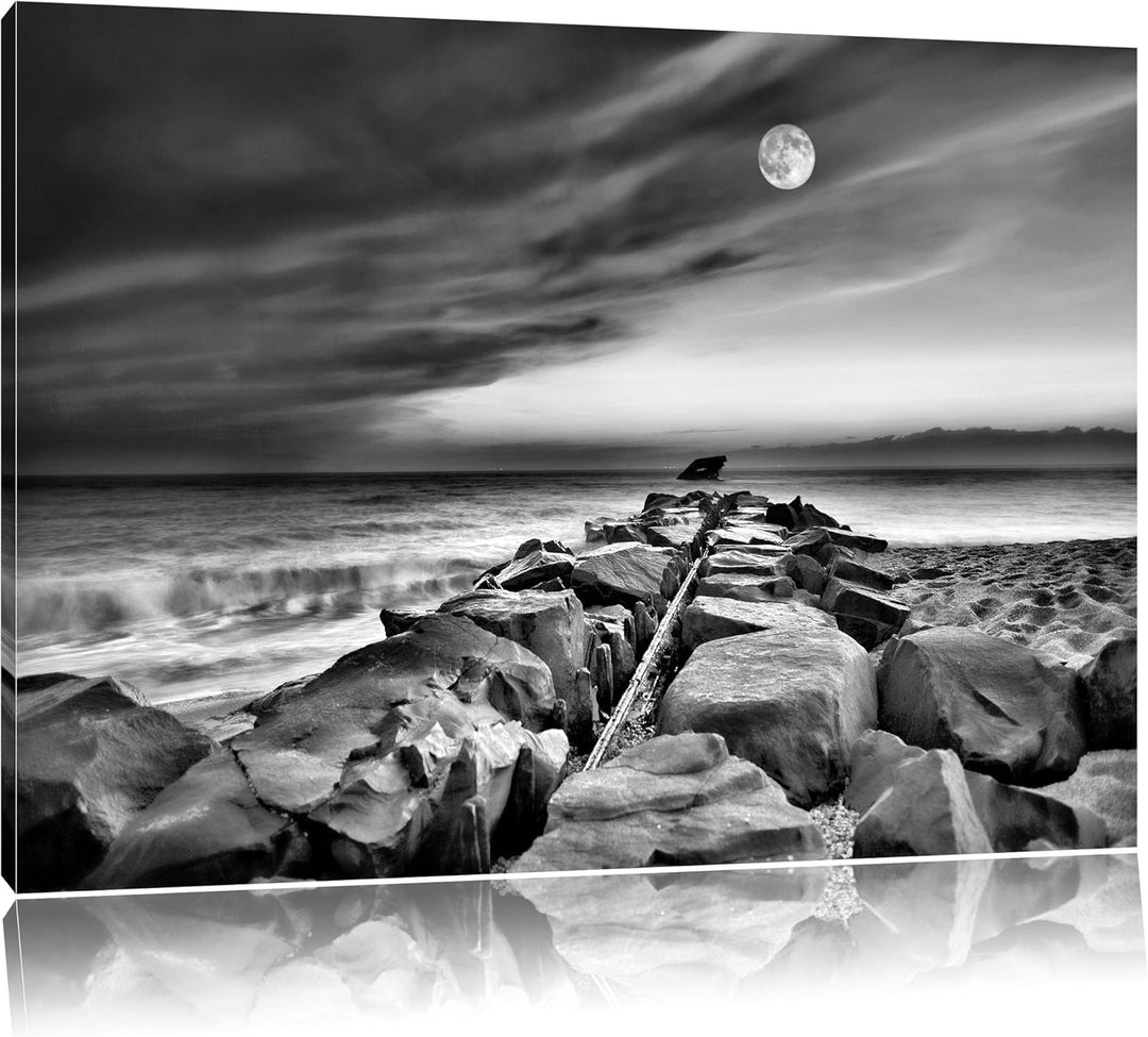 Pixxprint Steinlinie im Meer als Leinwandbild/Grösse: 100x70 cm/Wandbild/Kunstdruck/fertig bespannt,