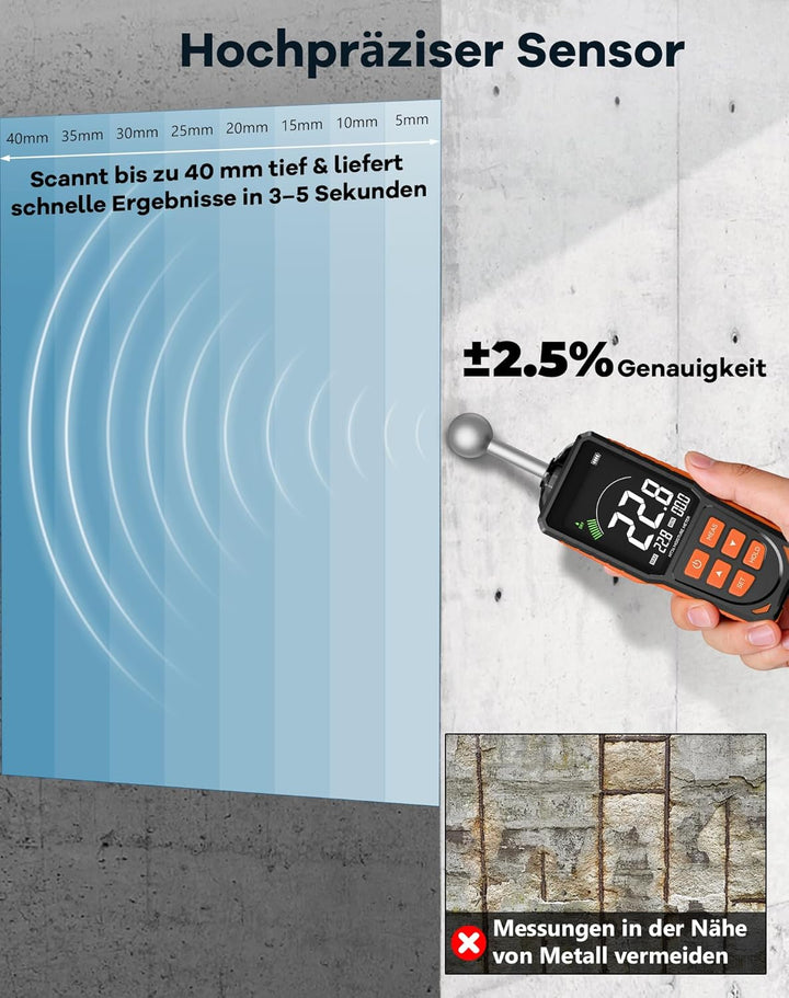 Feuchtigkeitsmessgerät Wand & Holz, Zerstörungsfreies Feuchtemesser mit Kugelsensor, 40mm Tiefenscan