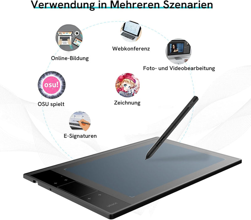 Grafiktablett VEIKK A30 V2 mit 4 Sensortasten und einem Gestenpad, 10x6 Zoll Pen Tablet mit Batterie